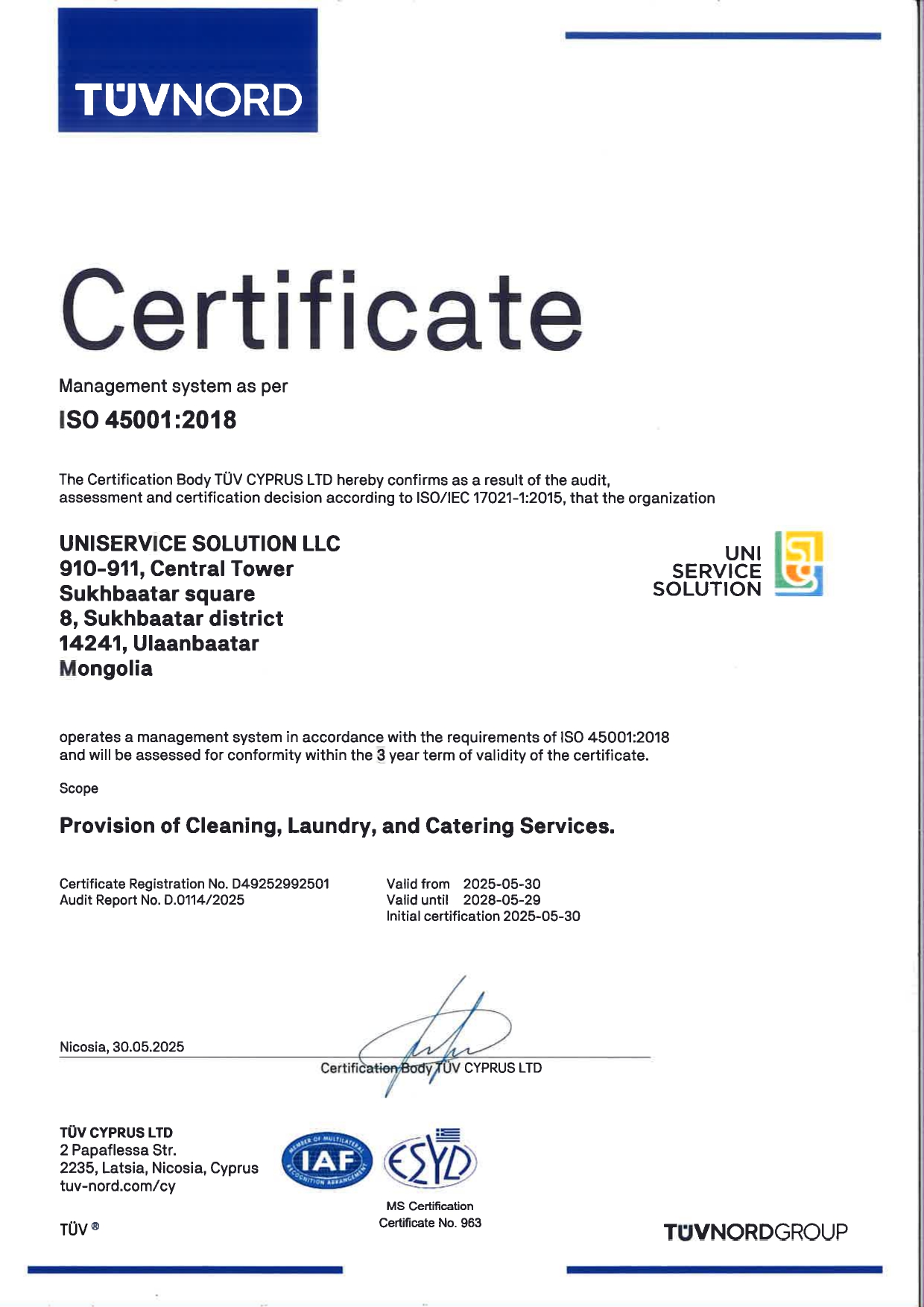 ISO 45001:2018 certificate